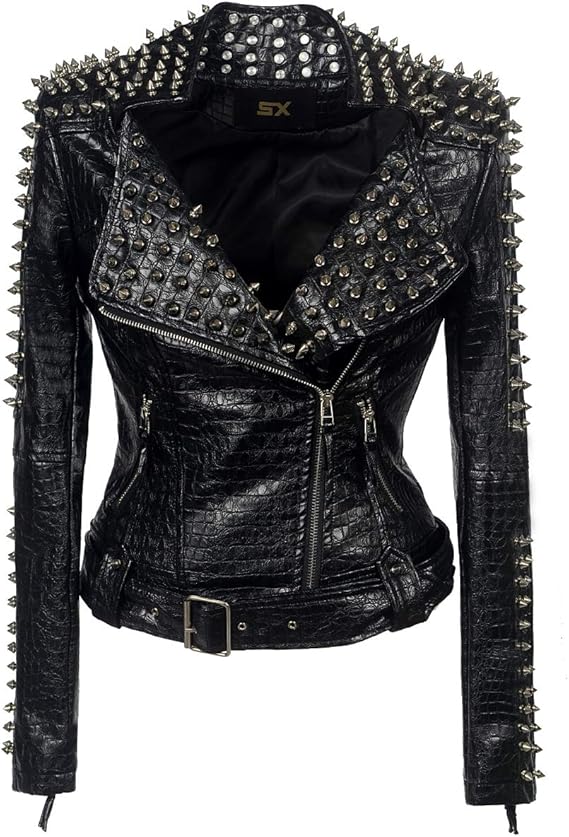 Women's Personality Punk Rock Rivets Motorcycle Leather Jacket Studded Perfectly Shaping Short Motobiker Coats