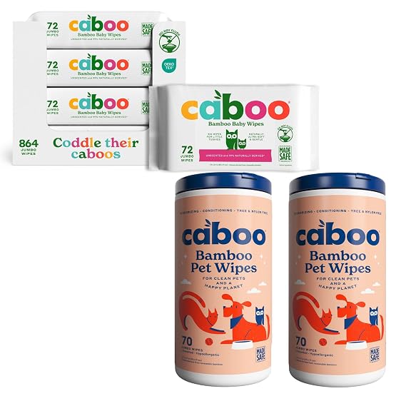 Caboo Baby Wipes 12 Pack + Pet Wipes 2 Pack Bundle - Natural Bamboo Based Paper Products - Sustainable Alternative to Plastics and Papers for Home, Travel, and Personal Care