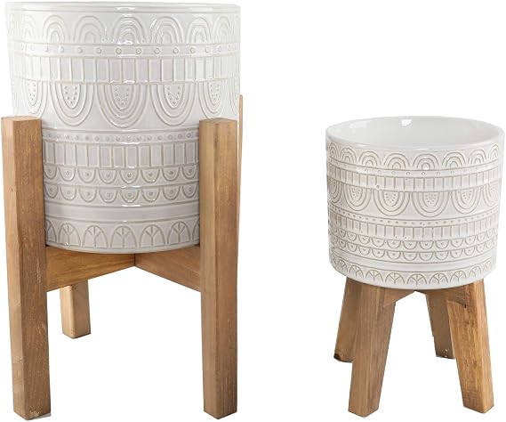 Flora Bunda 10" & 8" Aqueduct Ceramic Planter on Wood Stand ,Set of 2