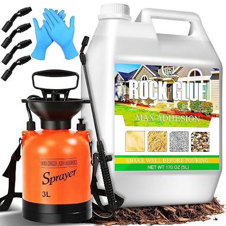 Mulch Glue for Landscaping with Sprayer, 1.3 Gallon Fast-Drying Gravel Glue | Fast-Drying & Strong Adhesion, Non-Toxic. Locks Rubber, Cobblestone, Dry Straw, Rock Gravel, Wood Chips, Shells and Sand