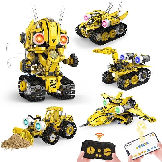 5-in-1 Remote Control STEM Robot Building Kit with LED Light Transformable Models, Eco-Friendly Rechargeable, App-Controlled, Engineering Toy for Kids 6+ (673PCS)