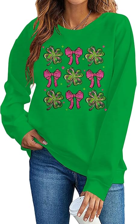 VILOVE Women St Patricks Day Sweatshirts Clover Sweater Irish Shamrock Pullover Long Sleeve Graphic Tops
