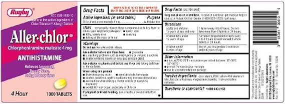 RUGBY ALLERCHLOR/CPM 4MG TAB CHLORPHENIRAMINE MALEATE-4 MG yellow 1000 TABLETS UPC 305361006105