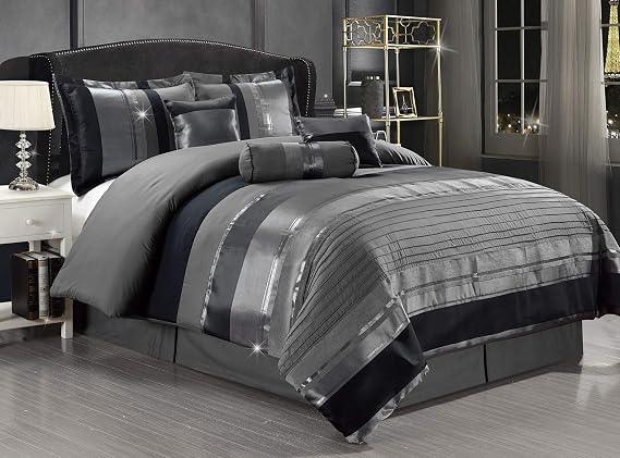Grand Linen 7-Piece Cal King Chenille Comforter Set Grey/Silver Stripe | Woven Jacquard Bedding, Oversize, Bed in a Bag