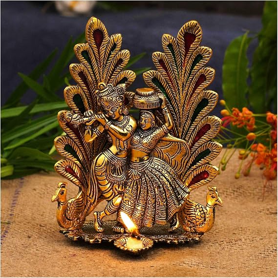 NOBILITY Radha Krishna Idol Statue with Diya Metal Gold Plated Peacock Design Hindu Religious Radha Krishan Showpiece Figurine for Janmashtami Home Temple Pooja Decorative Wedding Return Gift Items