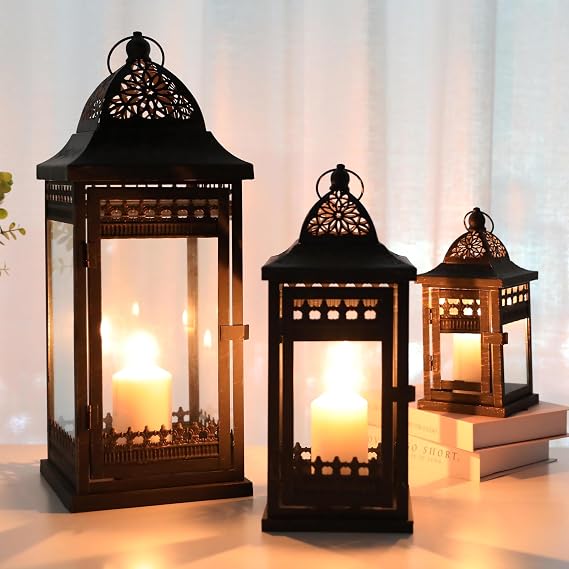 JHY Design Set of 3 Candle Lanterns 51 & 37 & 24 cm High Hanging Metal Decorative Candle Holder Glass Garden Lantern for Candle Indoor Outdoor Party Wedding Garden Balcony Hallway (Black with Gold Brush)