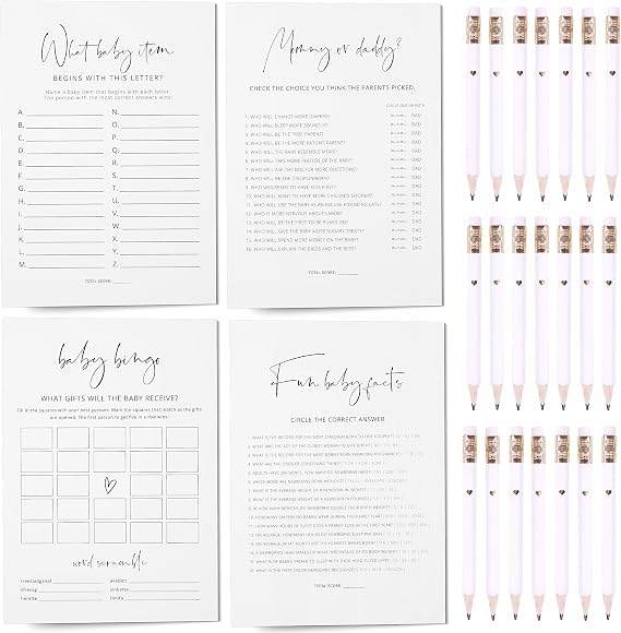 Baby Shower Games, Set of 4 Minimalist Baby Shower Games for 30 Guests, Boy or Girl, Double-Sided Cards, 30 Pencils (Minimalist)