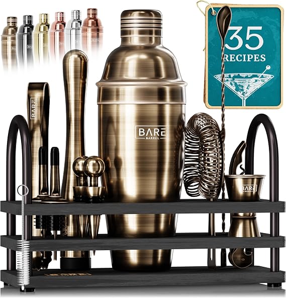 BARE BARREL Mixology Bartender Kit Bar Set | 14-Piece Cocktail Shaker Set | Martini Barware Mixing Tools for Home Bartending | 35 Recipe Cards | Gift Set (24oz Cobbler Shaker, Brass/Black)