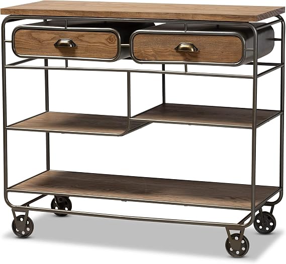 Baxton Studio Grant Vintage Rustic Industrial Oak Brown Finished Wood and Black Finished Metal 2-Drawer Kitchen Cart