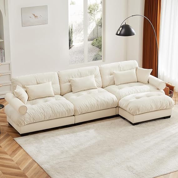 130'' Modular Sectional Sofa, L-Shaped Reversible Couch, 3 Seater Sofas with Chaise Lounge, Modern Velvet Upholstery Couches, Ottoman, for Living Room, Apartment, Office, Hotel, Cream Beige
