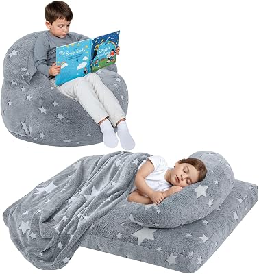COMAX Bean Bag Chair for Kids, Convertible Toddler Beanbag Bed, Children Bean Chair Stuffed to Floor Mattress with Filler, Glowing Grey Star