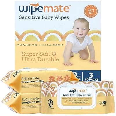 Wipemate EWG-Verified Premium Baby Wipes, 99% Water-Based, Plastic-Free, Ultra-Soft Plant-Based Wipe, ChlorineAlcohol-Free, pH-Balanced, Hypoallergenic Cruelty-Free with Durable Flip-Top Lid 240-Ct