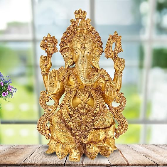 Kartique Brass Mangalkari Ganesha Sitting On Lotus Bhagwan Idol Ganesha Statue Ganpati Murti for Home Entrance Decor Diwali Gift Height 21 Inches Large Size