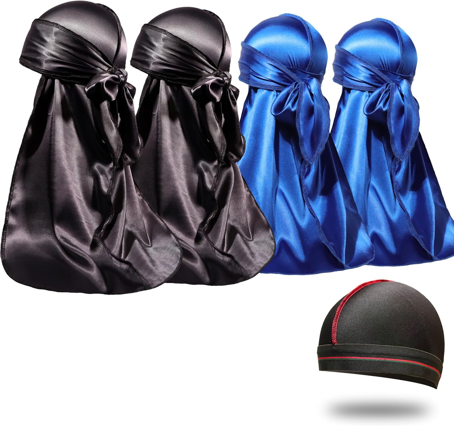 4PCS Silky Durags for Men Women 360 Waves with 1 Wave Cap, Silky Satin Durag Extra Long Tails