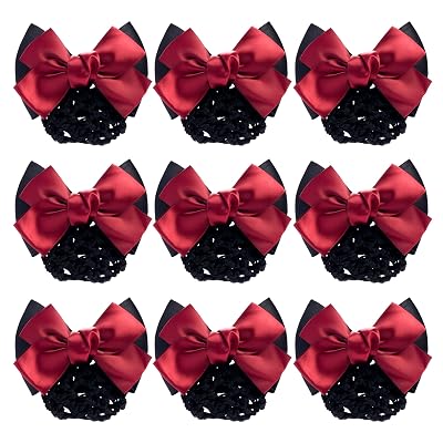 9 Pieces Hair Bows Snoods for Women Hair Barrette Hair Clip Bun Cover Hairnet Lace Bow Decor Bowknot Mesh Work Hairnets Accessories for Womens Girls red