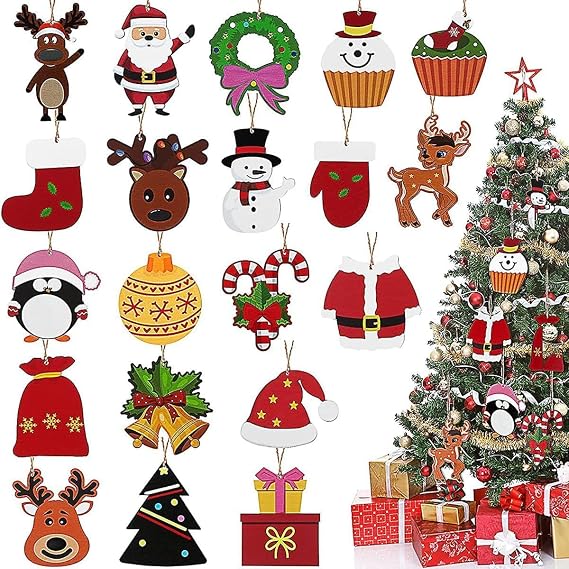 40PCS Tiny Wood Christmas Ornaments, Mini Christmas Hanging Ornaments Set for Tree Xmas Miniatures Figurines and DIY Home Wall Garden Decor