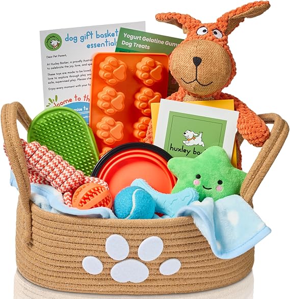 New Puppy Gift Basket for Puppies, Adopted Dogs & Small Family Dogs - Chew Toys, Squeaky Toys, Toy Box, Treat Mold, Pet Blanket - Dog Gift Basket Essentials