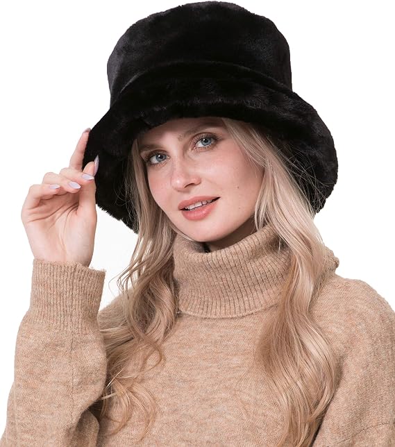 Women's Faux Fur Bucket Hats Ladies Unique Printed Warm Fisherman Cap
