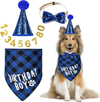 Dog Birthday Party Supplies, Dog Birthday Decorations with BandanasHatBow TieCollar with 0-8 Numbers, for Large X-Large Cat Dogs Pets X-Large, Blue
