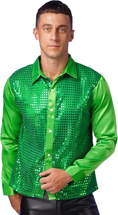 Men's Shiny Sequins 70s Disco Shirts Club Dancewear Sparkly Tops Halloween Christmas Outfits