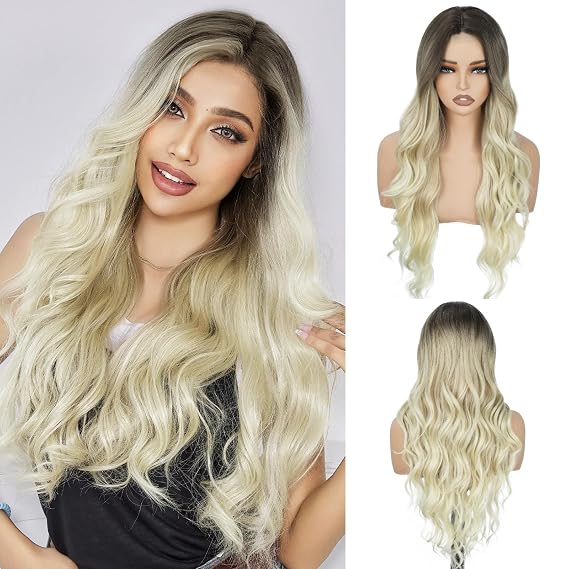 Long Wavy Wig for Women, 26 Inch Synthetic Lace Hairline Ombre Ash Blonde to Platinum Blonde Wigs, Natural-Looking Secure Fit, Soft Heat Resistant Fiber