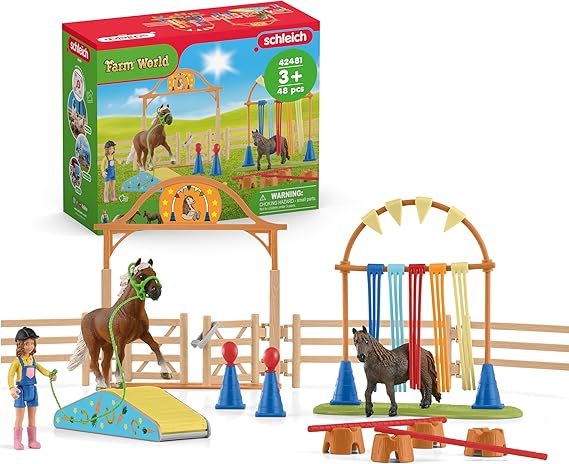 Schleich Farm World - 48Pc Pony Agility Training Playset - Kids 3+ | 42481 | Farm Animal Figurine, Realistic Animal Toys, Barn Toy for Kids 3+, Screen-Free Imaginative Pretend Play, Montessori
