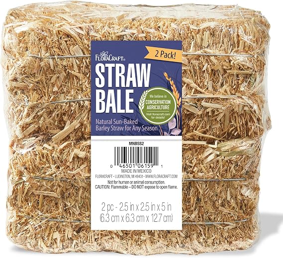 FloraCraft Decorative Straw Bale 2 Piece 2.5 Inch x 2.5 Inch x 5 Inch Natural