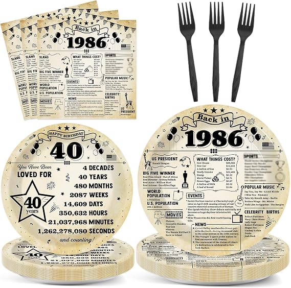 CHUNNIN 96Pcs 40th Birthday Plates and Napkins Back in 1986 Party Decorations Vintage 40 Year Old Party Dessert Plates 1986 Birthday Tableware for 24 Guests 40th Theme Men Woman Bday Parties Supplies