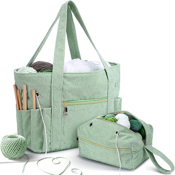 Bulyoou 2 Pcs Crochet Tote and Yarn Bag Set Corduroy Yarn Holder,Green | Hook Organizer Pockets, Yarn Holder for Knitting Projects, Needle Storage, Portable Workshop Bag, Gift for Crochet Lovers Bag