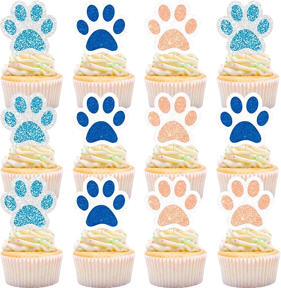 Weecent 36Pcs Paw Cupcake Toppers 3 Colors Glitter Dog Paw Cake Decorations | Glitter Cat Paw Print Cupcake Toppers for Baby Shower Boys Girls Birthday Party Cake Supplies Light Blue Orange and Blue