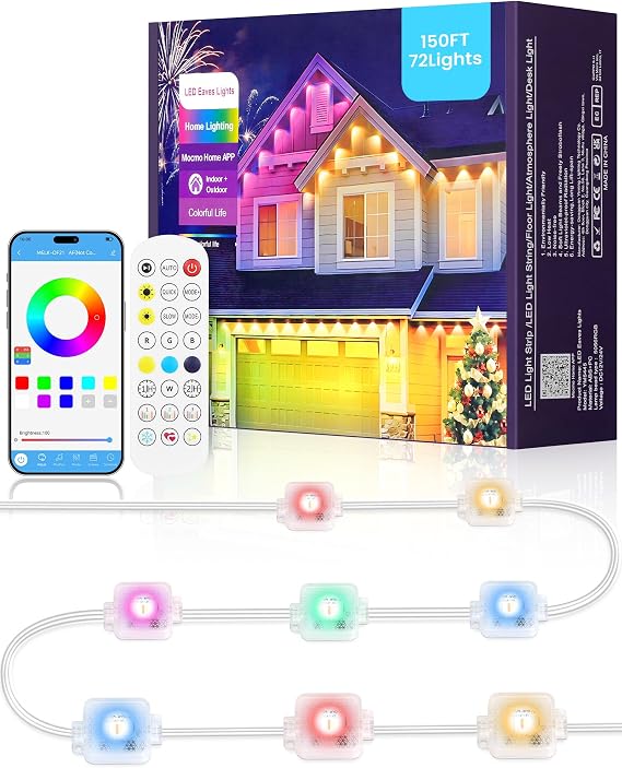 Permanent Outdoor Lights, 150 FT RGB & White Outdoor Eaves Light with 72 LED Lights, App/Remote Control, IP65 Waterproof Christmas String Lights for Festival, Party, Holiday Decor W04EL05