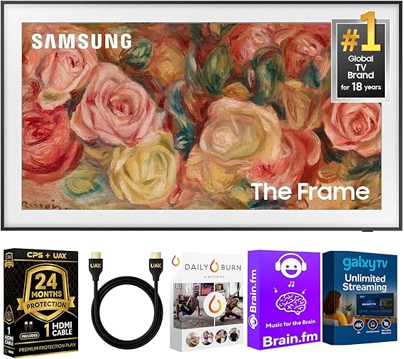 Samsung 65-Inch The Frame LS03D QLED 4K Smart TV Bundle, Quantum HDR, Art Mode, Slim Fit Wall Mount, Alexa Built-in w/AUX HDMI Cable, CPS 24-Month Protection, Streaming Bundle