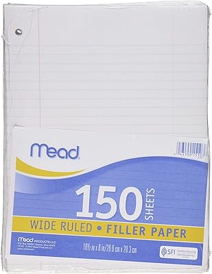 Mead Filler Paper, Loose Leaf Paper, Wide Ruled Paper, 150 Sheets, 10-12 x 8, White 15103