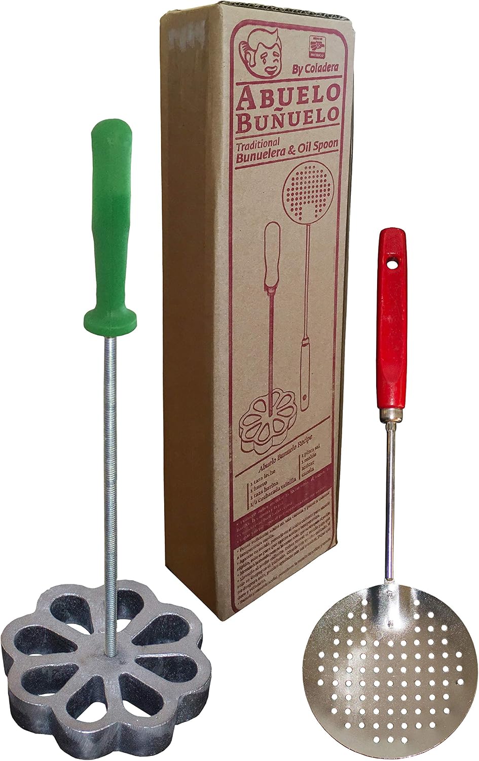 Bunuelera Iron Rossette with free Oil spoon, Molde para hacer bunuelos, Bunuelera with Rustic Plastic handle and Cast Aluminum Spanish Rossette shape, Traditional wind fritters mold Bundle