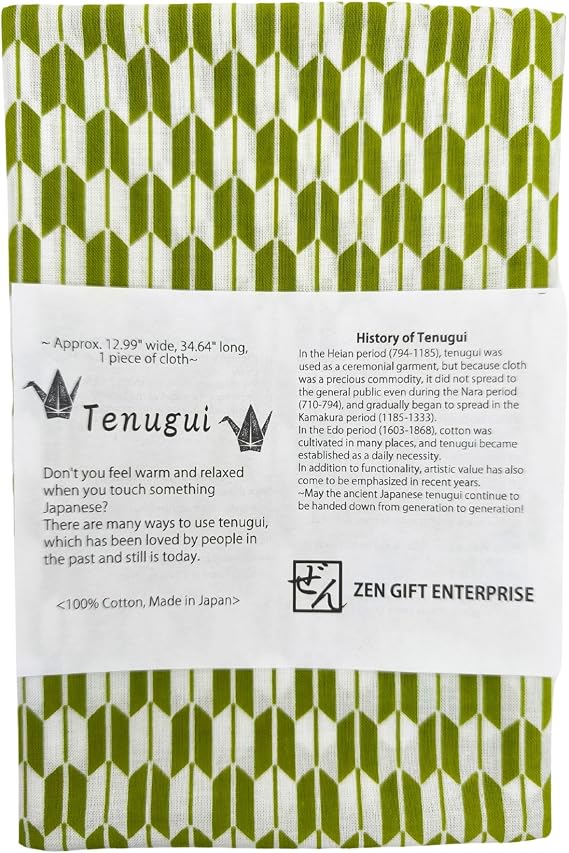 Japanese Tenugui Towel, 34.64"L x 12.99"W, Arrow Feather, Green on White