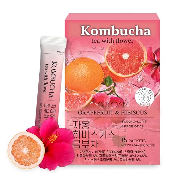 KKOKDAM Kombucha Tea - Grapefruit & Hibiscus Korean Tea - Fermented Tea Sticks, Instant Powder Mix with Real Flower, Unique Korean Gift for Women - 15 Packs