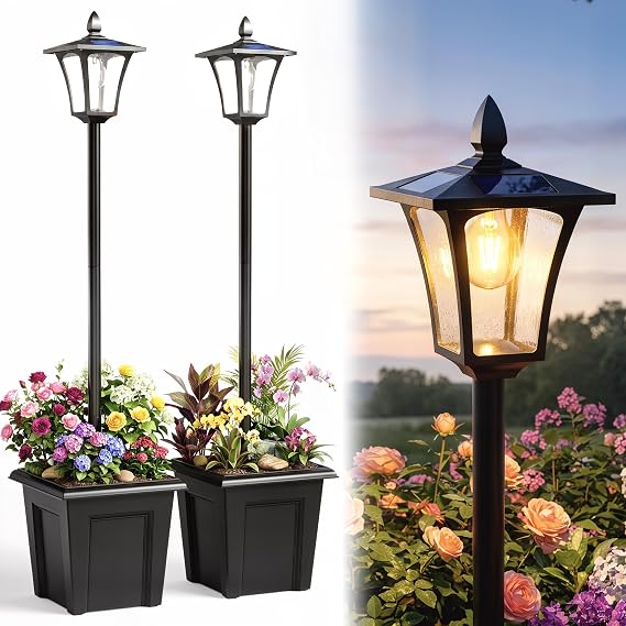 Outsunny 63" Solar Lamp Post Lights Waterproof with Planter 2-Pack Black