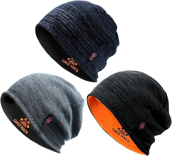 3 Pack Reversible Fleece Lined Beanie Hats for Men Women Winter Knit Hats | Reversible acrylic knit and soft polyester fleece, 3D hexagonal crown, 21.25-23.23 in fit, full ear coverage, and 3-pack set