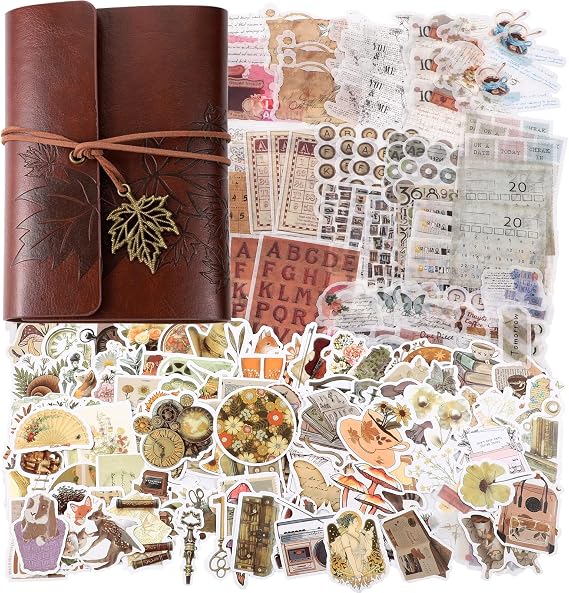 228 Pcs Vintage Scrapbooking Sticker Paper with A7 Scrapbook for Journaling Retro Collection Aesthetic Stickers Washi Stamping Craft Kits Collage Album Cottage Picture Frames Botanical