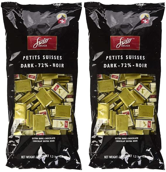 Swiss Delice Dark Chocolate Squares - 72% Chocolate Noir - Chocolates Individually Wrapped - 2.8 lb Bulk (1300g) - Swiss Chocolates SET of 2