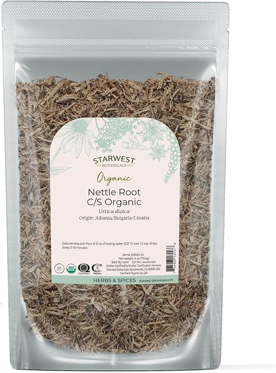 Starwest Botanicals Nettle Root Organic - Dried Stinging Nettle Root, Loose Leaf Herb for Tea, Soups, Stews, Broths, Urtica Dioica, Cut & Sifted, Certified Kosher, Non-GMO - 4 oz Pouch