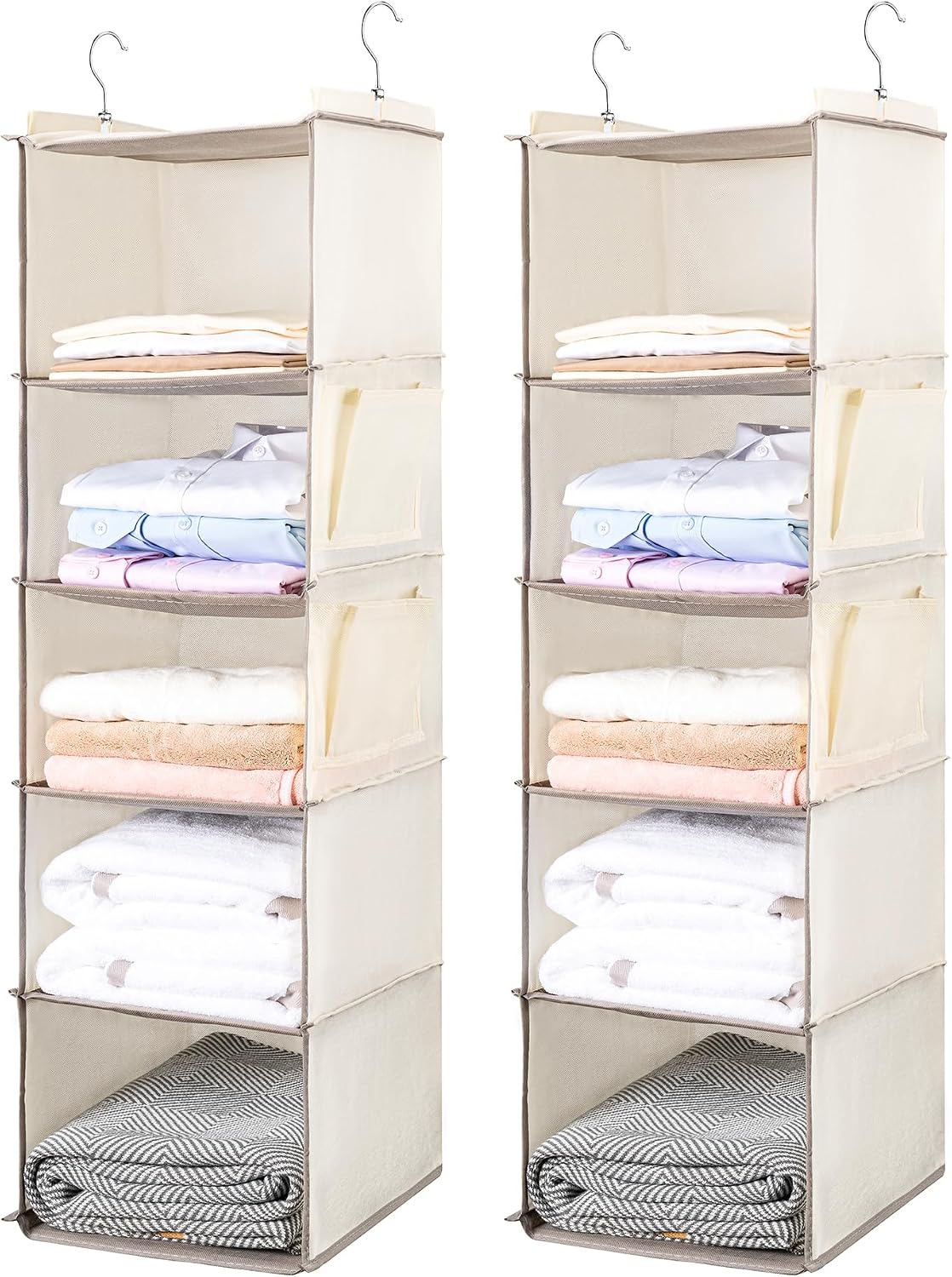BOOMIBOO Hanging Closet Organize and Shelves，5-Hanging Shelf with 2 Side Pockets，Storage Foldable （2 Pack ，Beige