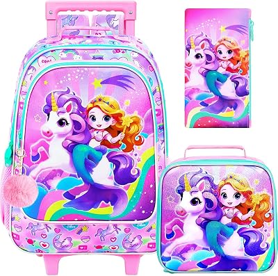 KLFVB Girls Backpack with Wheels, 3PCS Kids Roller Bookbag with Lunch Bag, Wheeled School Bag for Children - Mermaid Unicorn