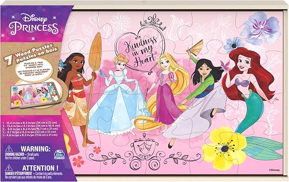 Spin Master Game Disney Princess Puzzle 7 Piece Jigsaw Puzzle Kids Puzzle 12 16 24 Piece Ariel, Tiana, Rapunzel, Pocahontas, Storage Tray, For Ages 4+