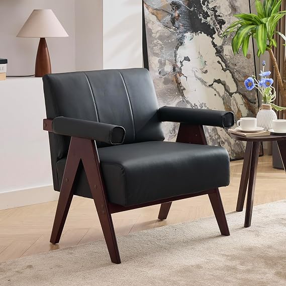 STHOUYN Leather Accent Chairs, Living Room Chair with Wooden Legs (Black)