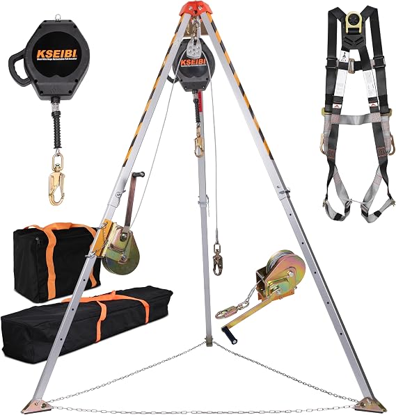KSEIBI Aluminum Confined Space Tripod Kit with 65' Winch, Pulley, Carabiner, Safety Harness and Storage Bag