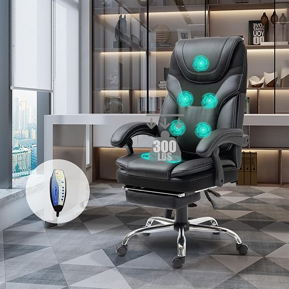 Massage Office Chair, Office Chair with Foot Rest, High Back Office Chair with Armrests, Ergonomic Home Office Desk Chairs, Executive Reclining Office Chair, Faux Leather, Adjustable Height (Black)