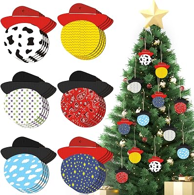 Shellwei 24 Pack Christmas Cartoon Ornament Wooden Inspired Cartoon Hanging Xmas Party Tree Ornament Western Cowboy Christmas Supplies for Crafts Holiday Decor
