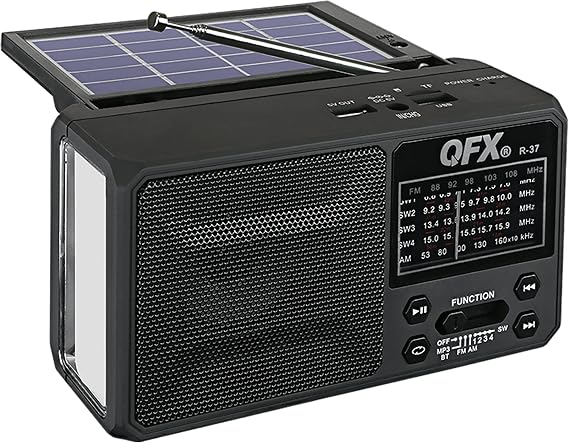 QFX R-37 6-Band (AM, FM, SW1 - SW4) Bluetooth LED Flashlight Solar Radio (2021 Model) | LED Flashlight, 5V USB Charging Port, USB Charging Cord, TF/USB Inputs, Telescoping Antenna