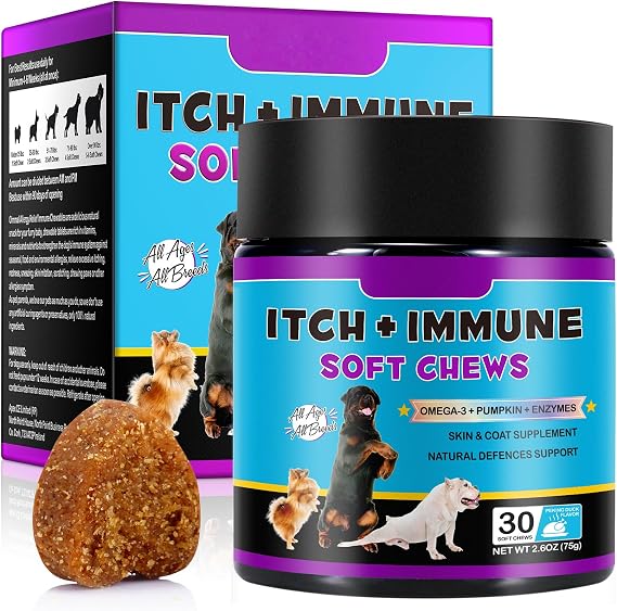 Dog Allergy Immune Chews, 30 Pcs Skin & Coat Supplement for Dogs with Omega-3, Pumpkin & Enzymes - Supports Normal Itchy and Immune Function Soft Chews for Itchy Skin - Peking Duck Flavor